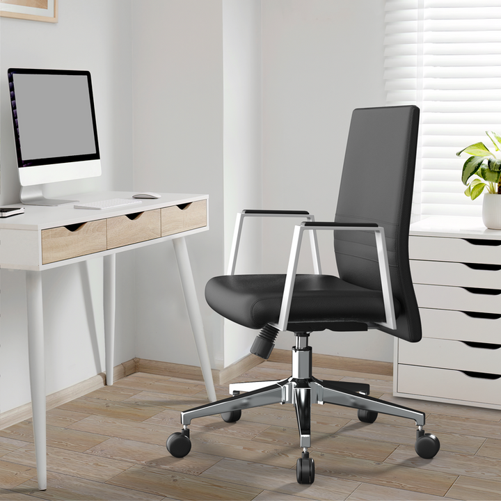 LeisureMod Aleen Office Chair in Upholstered Leather and Iron Frame with Swivel and Tilt in Black with Background.