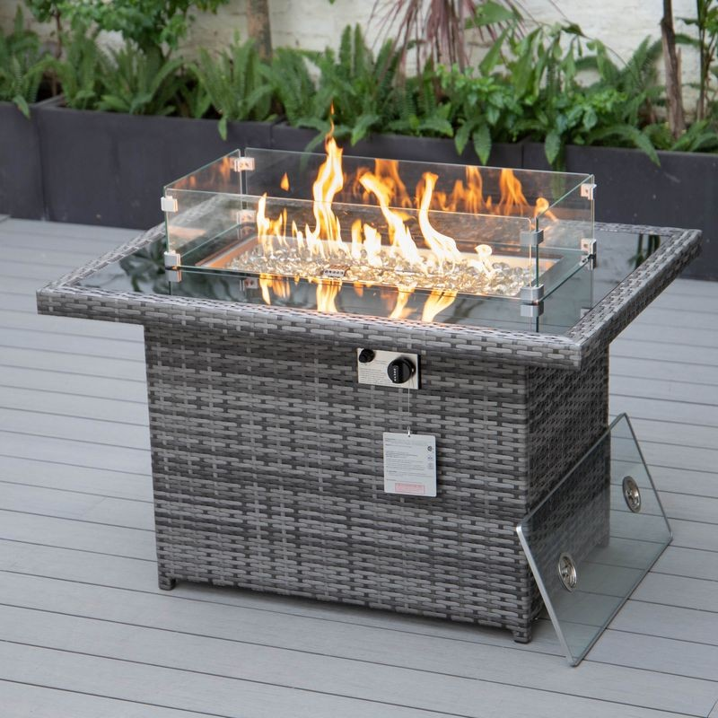 LeisureMod Mace Wicker Patio Modern Propane Fire Pit Table Grey Lit.