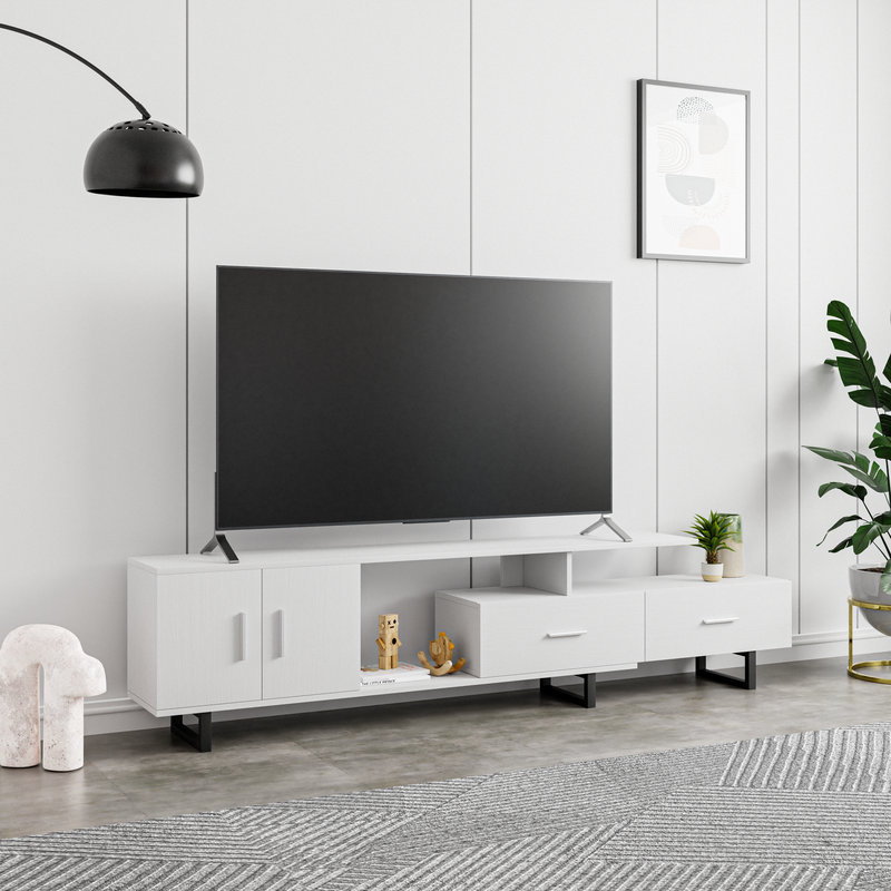 LeisureMod Avery Mid-Century Modern TV Stand with MDF Cabinet and Powder Coated Steel Legs White in Room.