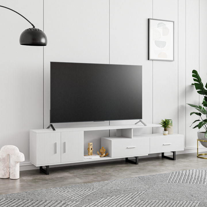 LeisureMod Avery Mid-Century Modern TV Stand with MDF Cabinet and Powder Coated Steel Legs White in Room.