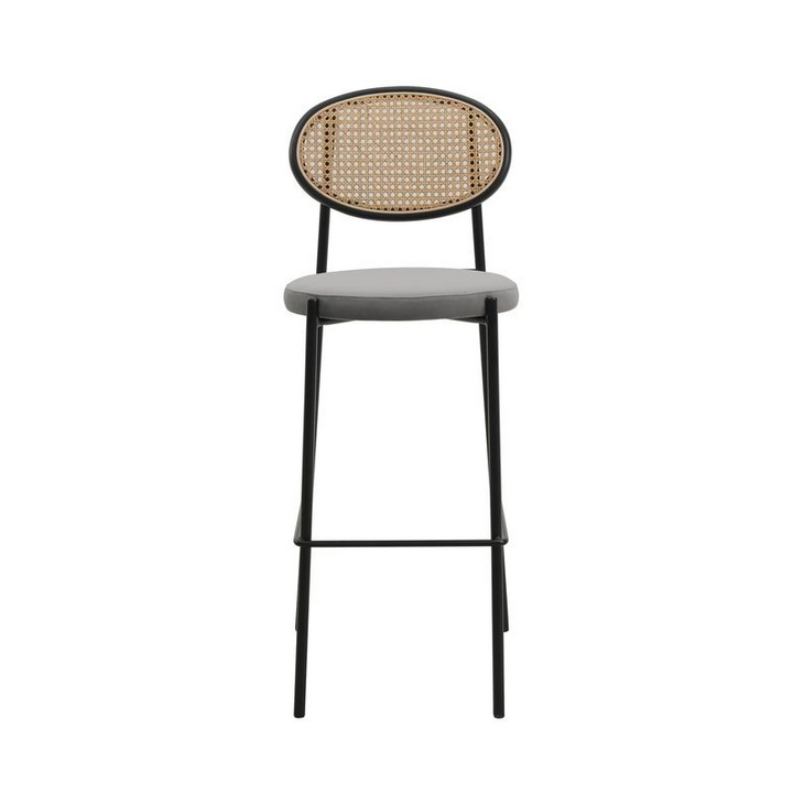 LeisureMod Euston Modern Wicker Bar Stool with Black Steel Frame in Grey Front View.