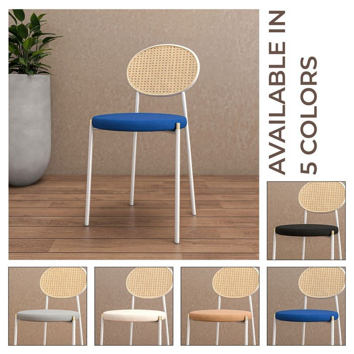 Chair with wicker backrest and blue seat on a wooden floor, with color options displayed.