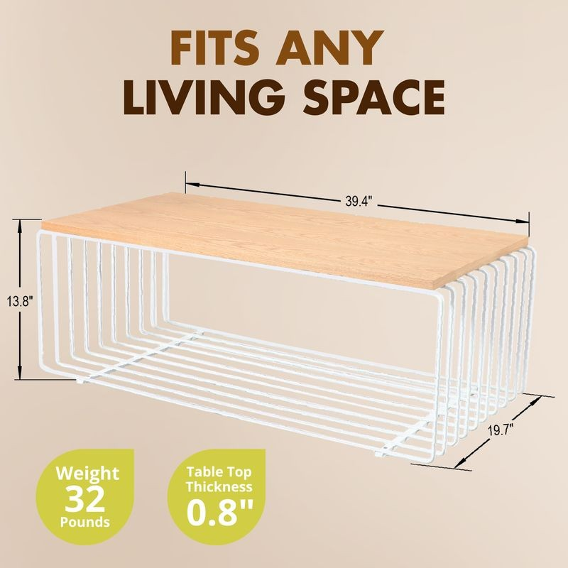LeisureMod Walden Rectangular Coffee Table with Ash Veneer Top and Powder Coated Steel Frame in White Dimensions.