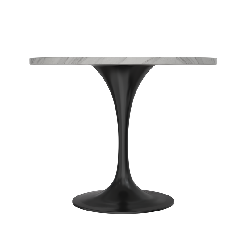 LeisureMod Verve Collection 36 Round Dining Table, Black Base with Sintered Stone White Top Side View.