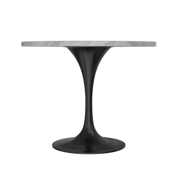 LeisureMod Verve Collection 36 Round Dining Table, Black Base with Sintered Stone White Top Side View.