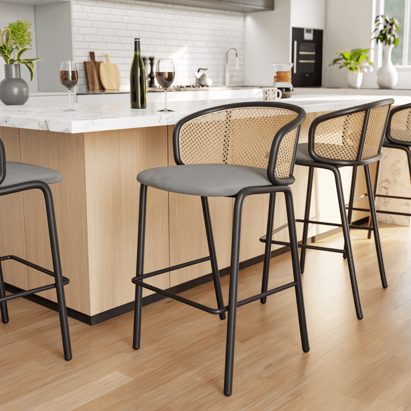 LeisureMod Ervilla Mid-Century Modern Wicker Bar Stool with Fabric Seat and Black Powder Coated Steel Frame for Kitchen and Dining Room in Grey at Bar.