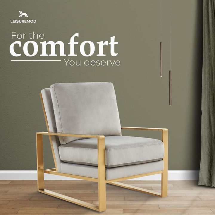 LeisureMod Jefferson Velvet Design Accent Armchair with Gold Brass Finish Frame Light Gray Comfort