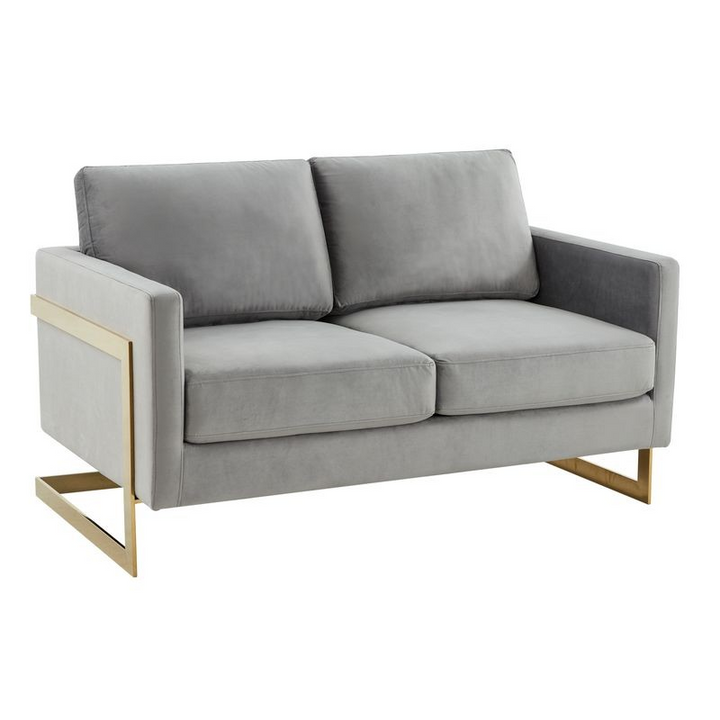 LeisureMod Lincoln Modern Mid-Century Upholstered Velvet Loveseat with Gold Frame Light Grey