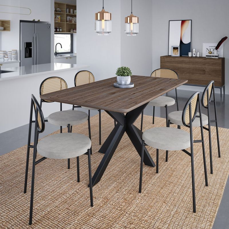 LeisureMod Euston Modern Wicker Dining Chair with Velvet Round Seat Grey in Dining Room.