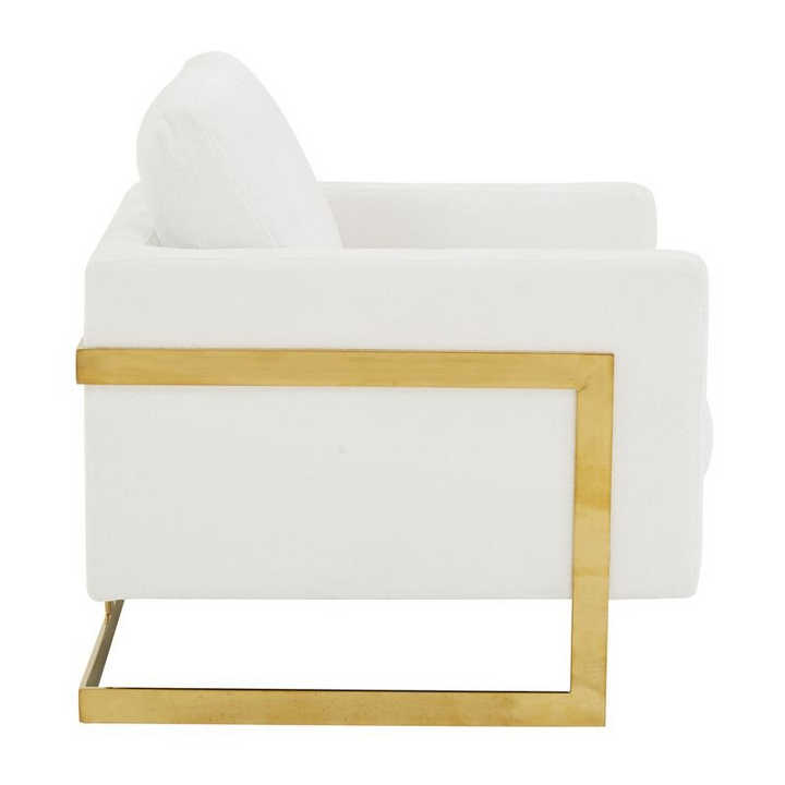 LeisureMod Lincoln Boucle Fabric Accent Armchair with Gold Stainless Steel Frame and Removable Back Cushion in White Side View