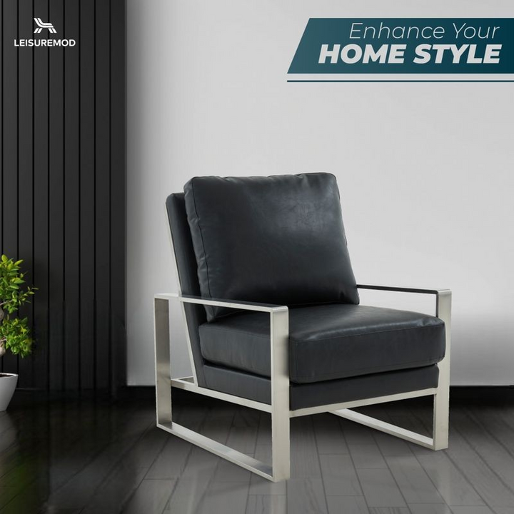 LeisureMod Jefferson Leather Modern Design Accent Armchair with Elegant Silver Frame Black