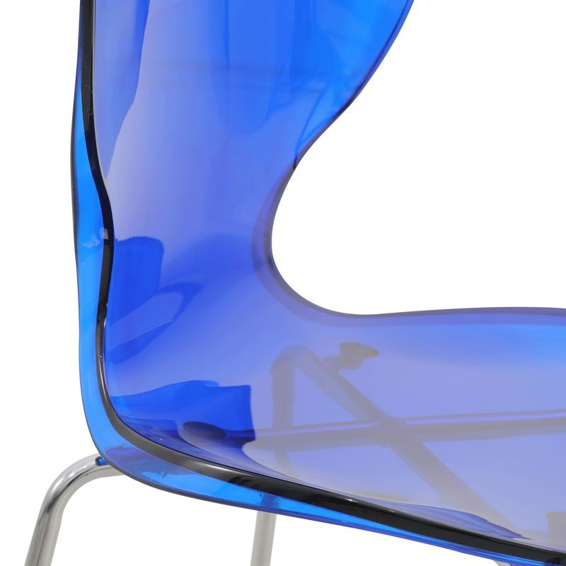 LeisureMod Oyster Acrylic Barstool with Steel Frame in Chrome Finish in Transparent Blue Zoomed In.