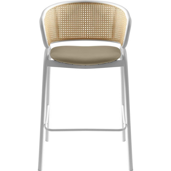 LeisureMod Ervilla Wicker Bar Stool with Fabric Seat and White Steel Frame in Taupe Front View.