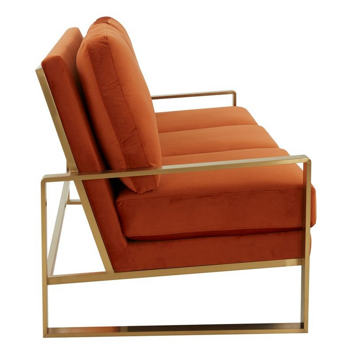 LeisureMod Jefferson Contemporary Modern Design Velvet Sofa with Gold Frame Orange Side View.