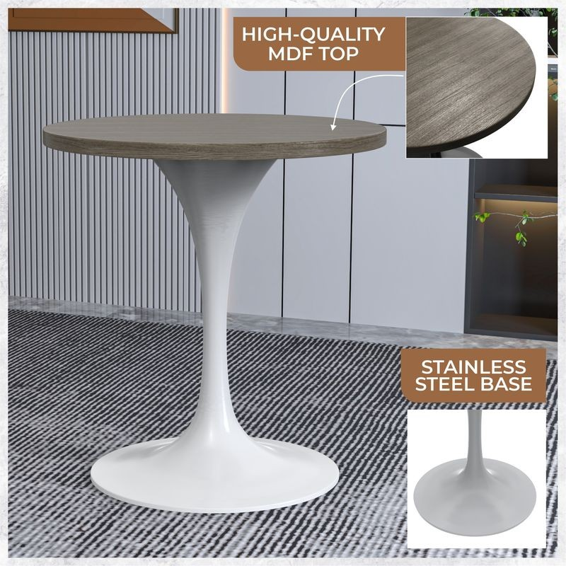 Modern table with high-quality MDF top and stainless steel base on a textured floor.