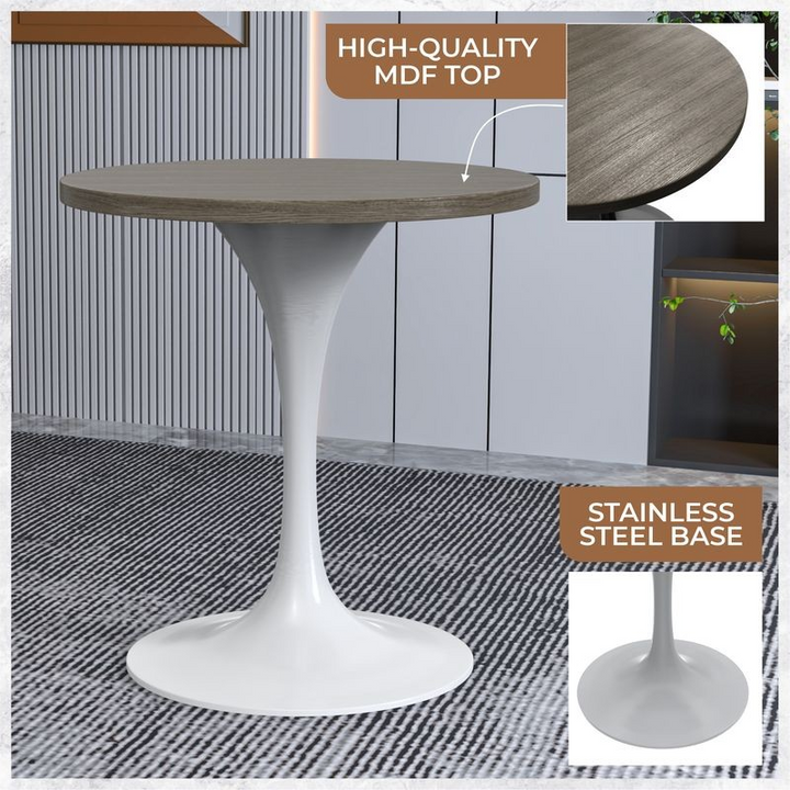 Modern table with high-quality MDF top and stainless steel base on a textured floor.