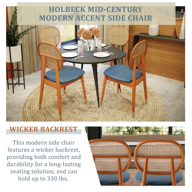 LeisureMod Holbeck Wicker Dining Chair with Upholstered Leather Seat and Beech Wood Legs Navy Blue at Table.