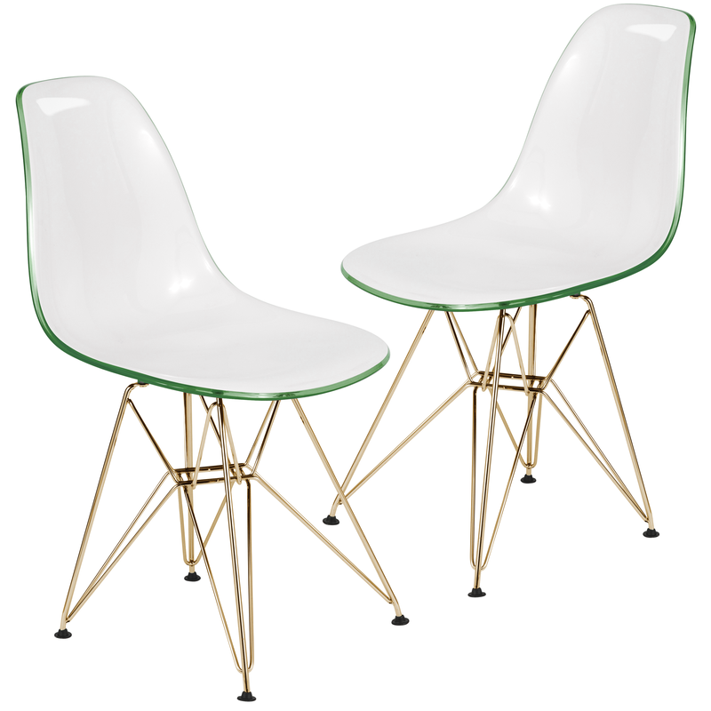LeisureMod Cresco Molded 2-Tone Eiffel Side Chair with Gold Base in White Green Set of 2