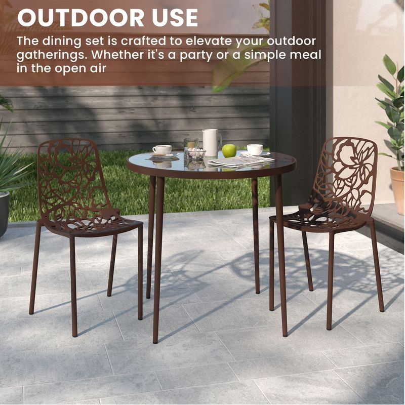 Outdoor dining set with table and chairs on a patio, suitable for parties or meals in the open air.