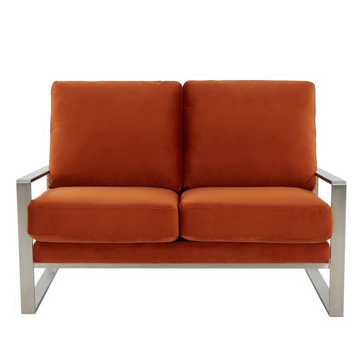 Leisuremod Jefferson Contemporary Modern Velvet Loveseat with Silver Frame Orange Front View.