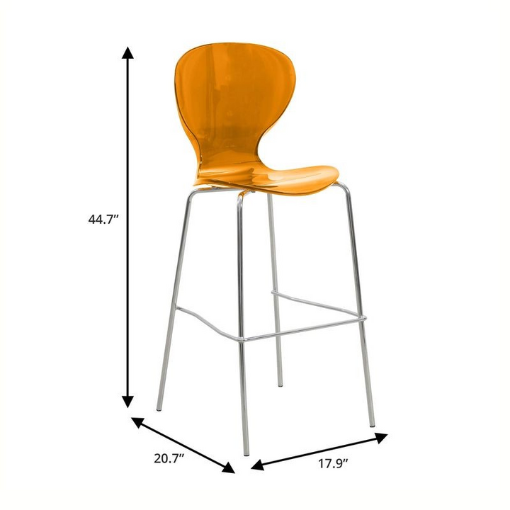Orange bar stool with dimensions labeled on a white background.