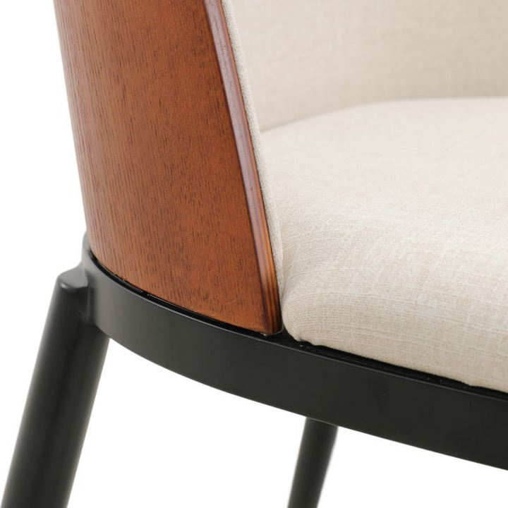 LeisureMod Tule Mid-Century Modern Fabric Dining Side Chair with Powder-Coated Steel Frame Walnut/Beige Closeup Photo.