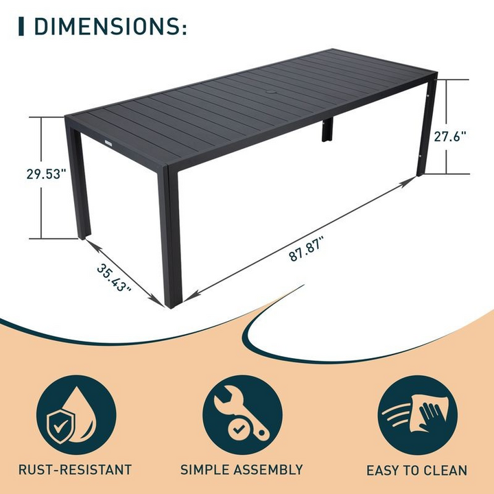 Leisuremod Chelsea Aluminum Outdoor 87" Dining Table in Black Dimensions.