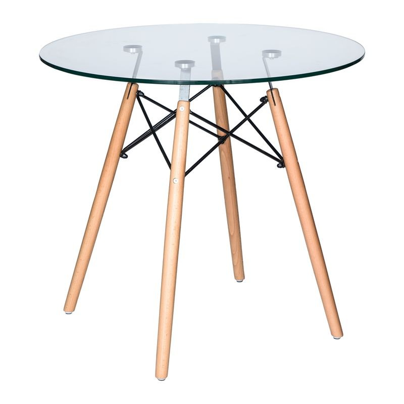 LeisureMod Dover Round Bistro Glass Top Dining Table w/Natural Wood Eiffel Base