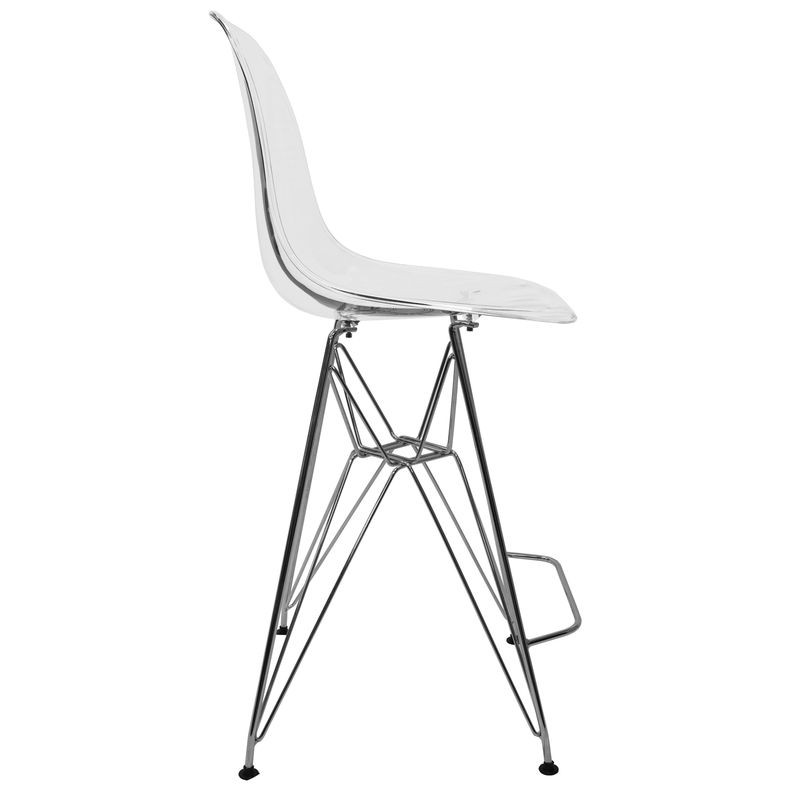 LeisureMod Cresco Modern Acrylic Barstool with Chrome Base and Footrest in Clear Side View.