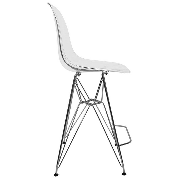 LeisureMod Cresco Modern Acrylic Barstool with Chrome Base and Footrest in Clear Side View.
