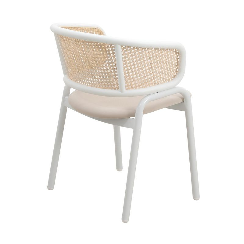 Leisuremod Ervilla Modern Dining Chair with White Powder Coated Steel Legs and Wicker Back Beige Angled View.