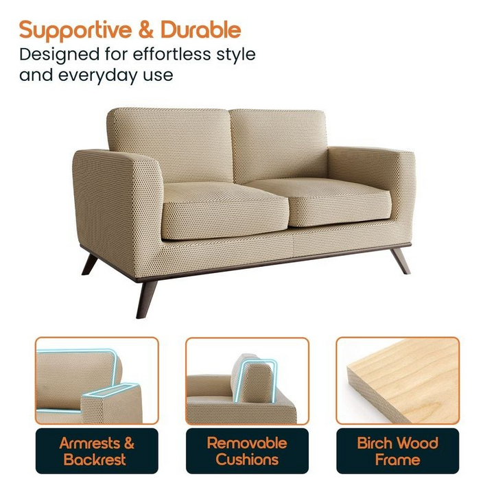 LeisureMod Chester Modern Faux Leather Loveseat in Beige Mesh Supportive and Durable.