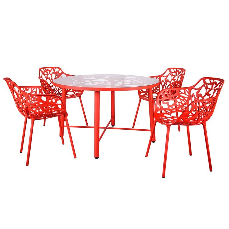 LeisureMod Devon Tree Design Glass Top Aluminum Base Indoor Outdoor Dining Table Red with Chairs.