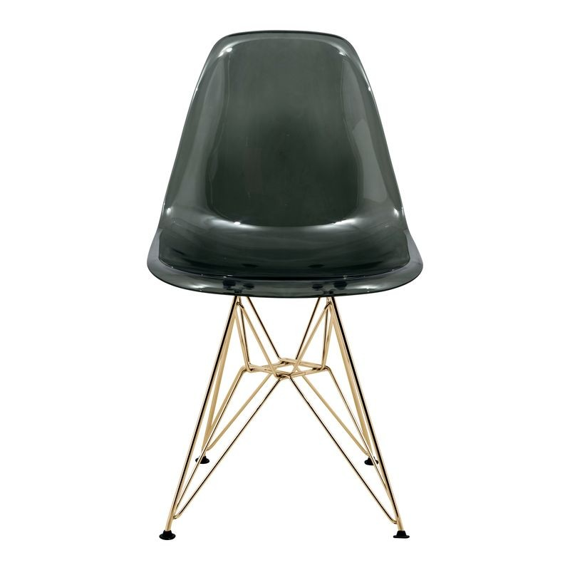 LeisureMod Cresco Molded Eiffel Side Chair with Gold Base Transparent Black Front View.