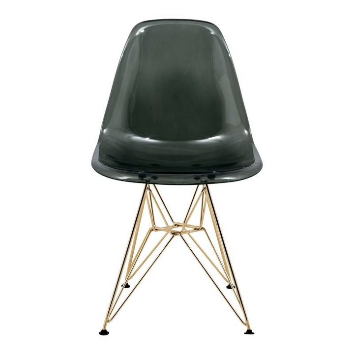 LeisureMod Cresco Molded Eiffel Side Chair with Gold Base Transparent Black Front View.