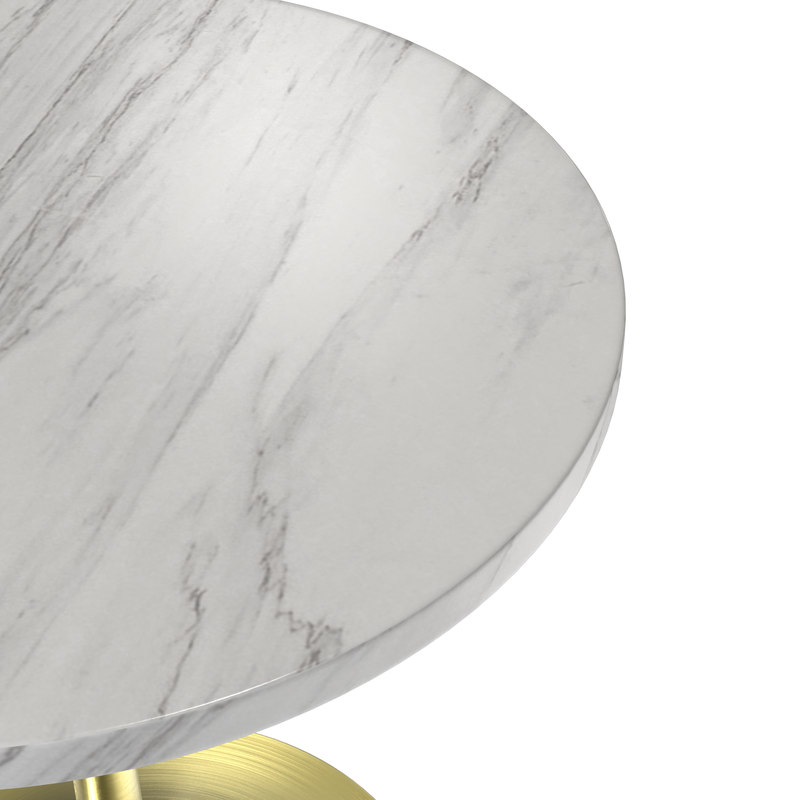 LeisureMod Verve Collection 27 Round Dining Table, Brushed Gold Base with Sintered Stone White Top View.