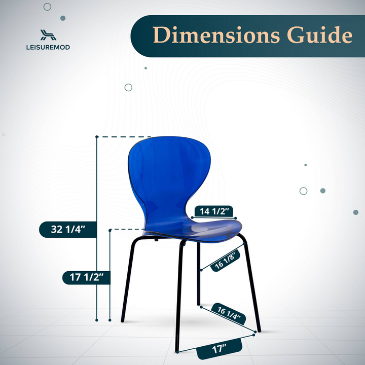 Blue chair with dimensions labeled on a white background, featuring the LeisureMod logo.