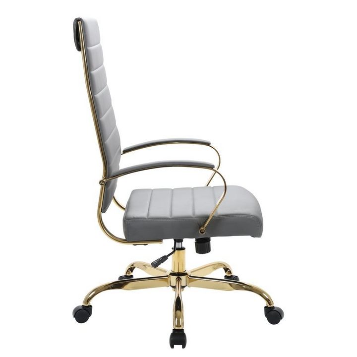 LeisureMod Benmar High-Back Leather Office Chair with Gold Frame Grey Side View.