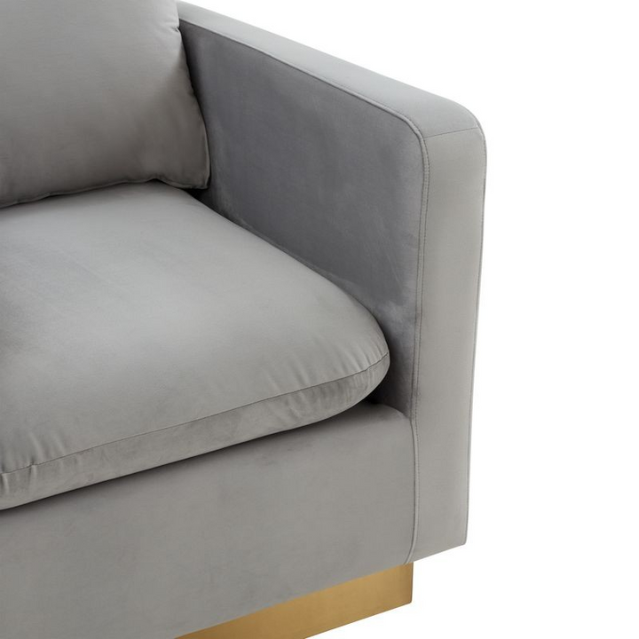LeisureMod Nervo Velvet Accent Armchair with Gold Frame Light Grey Zoomed In