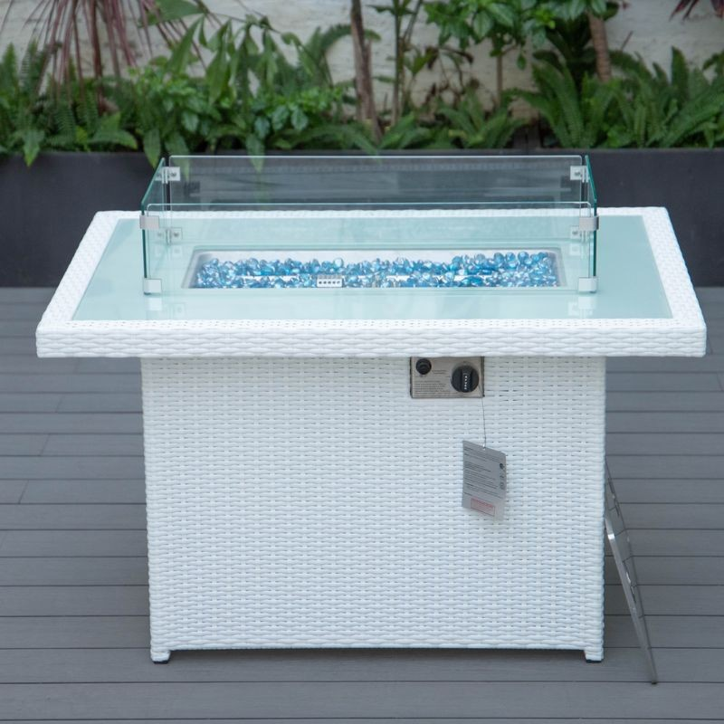 LeisureMod Mace Wicker Patio Modern Propane Fire Pit Table White on Patio.