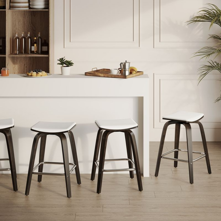 LeisureMod Wooden Counter Stool Square Seat Pelya Collection Modern Style Dark Walnut Color in White at Bar.