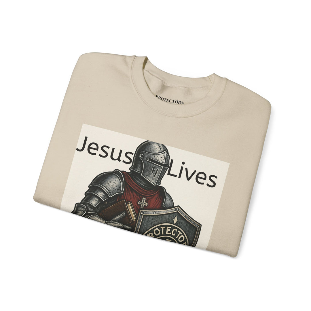 Knight Shield Crewneck Sweatshirt — "Protectors of the Word Jesus Lives"