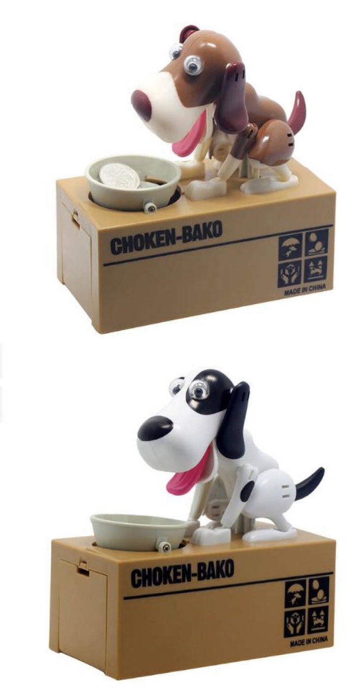 Two dog-shaped toys on cardboard boxes.