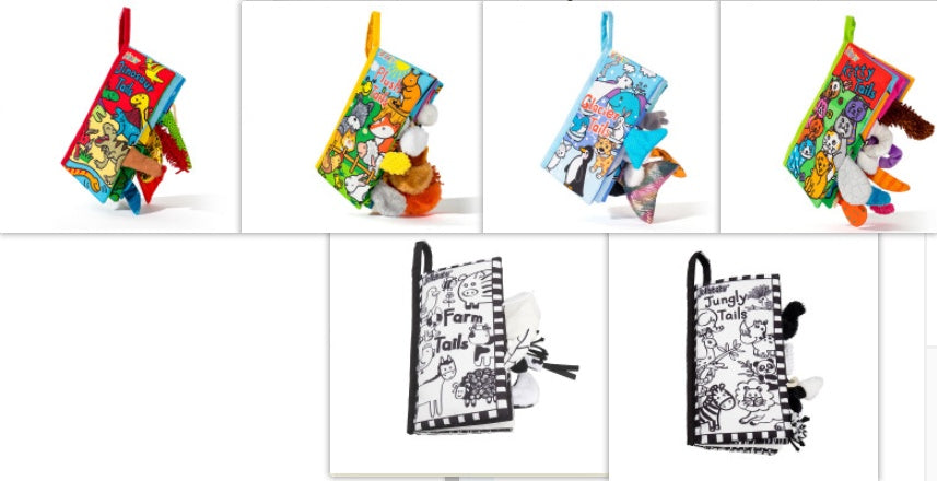 Colorful baby toys and books on a white background.