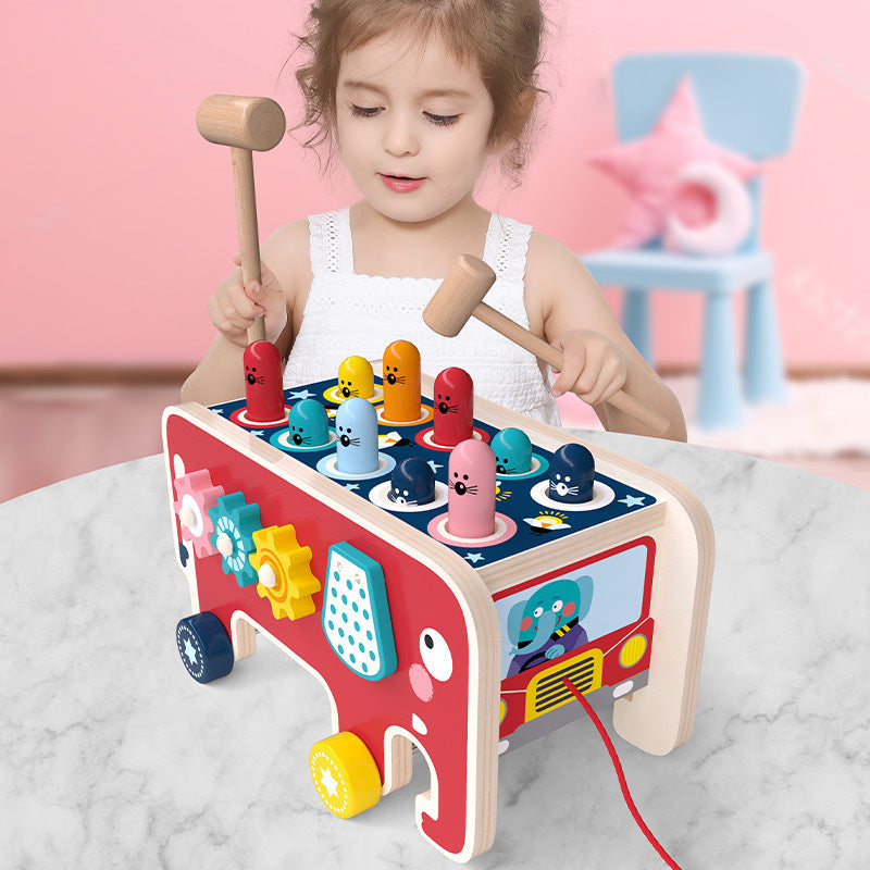 Wooden Pounding Bench Toy – Montessori Animal Bus for Toddlers