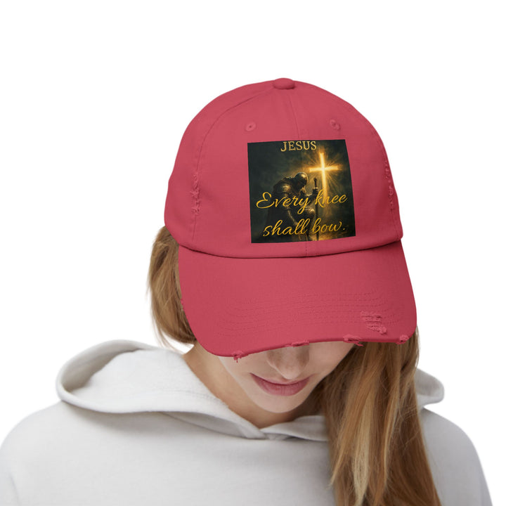 Jesus Cross Distressed Cap — "Every Knee Shall Bow" Christian Hat