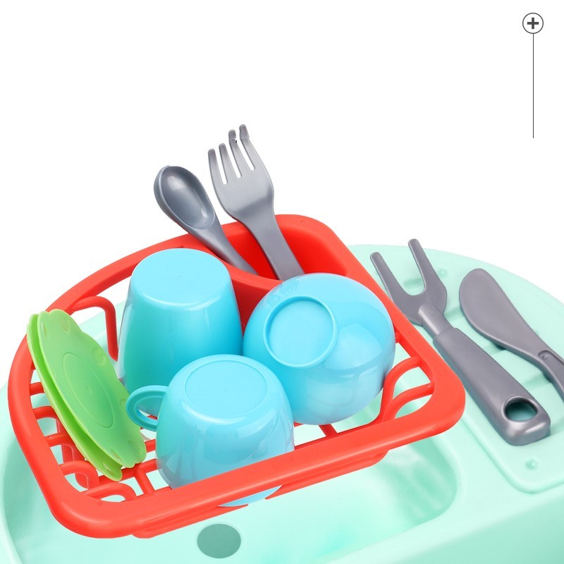 Children's toy kitchen set with blue cups, silver utensils, and a red dish rack on a white background.