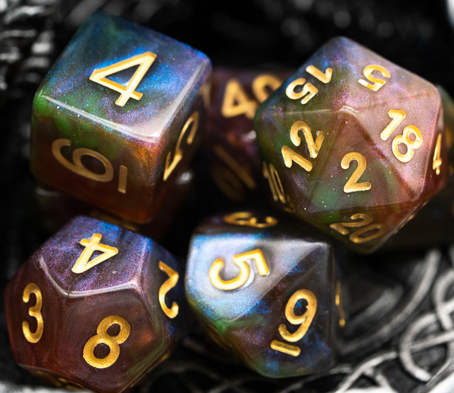 Purple & Green w/gold Galaxy Glitter 7-Dice Set RPG