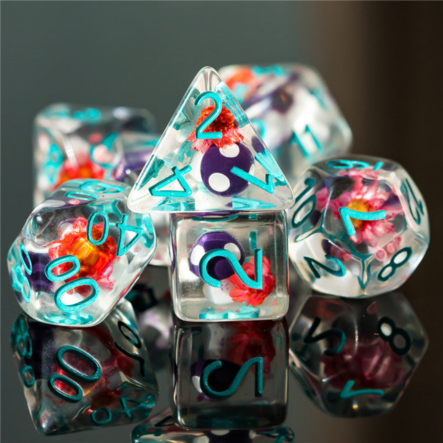 Purple Mushroom Dice Clear Pink Flower w/Teal Numbers 7-Dice Set Rpg