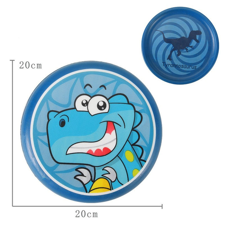 Blue dinosaur-shaped disc with cartoon design and measurement details on a white background.